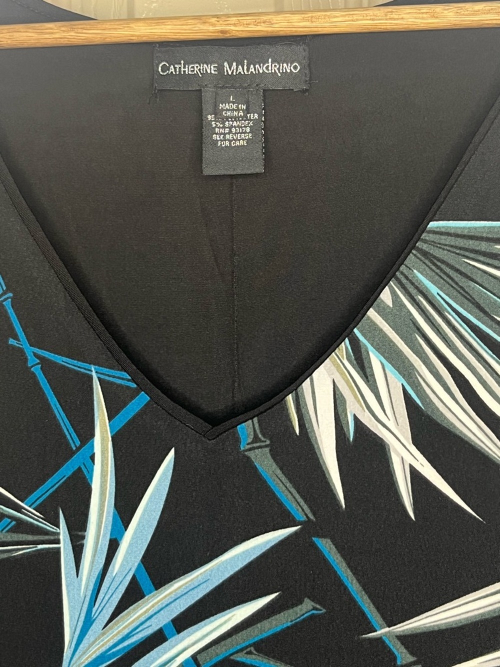 Catherine Malandrino Large Sleeveless Black Dress Blue and White Tropical Print - Picture 3 of 4